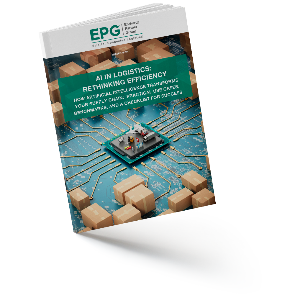 AI logistics ebook cover with circuit board design.