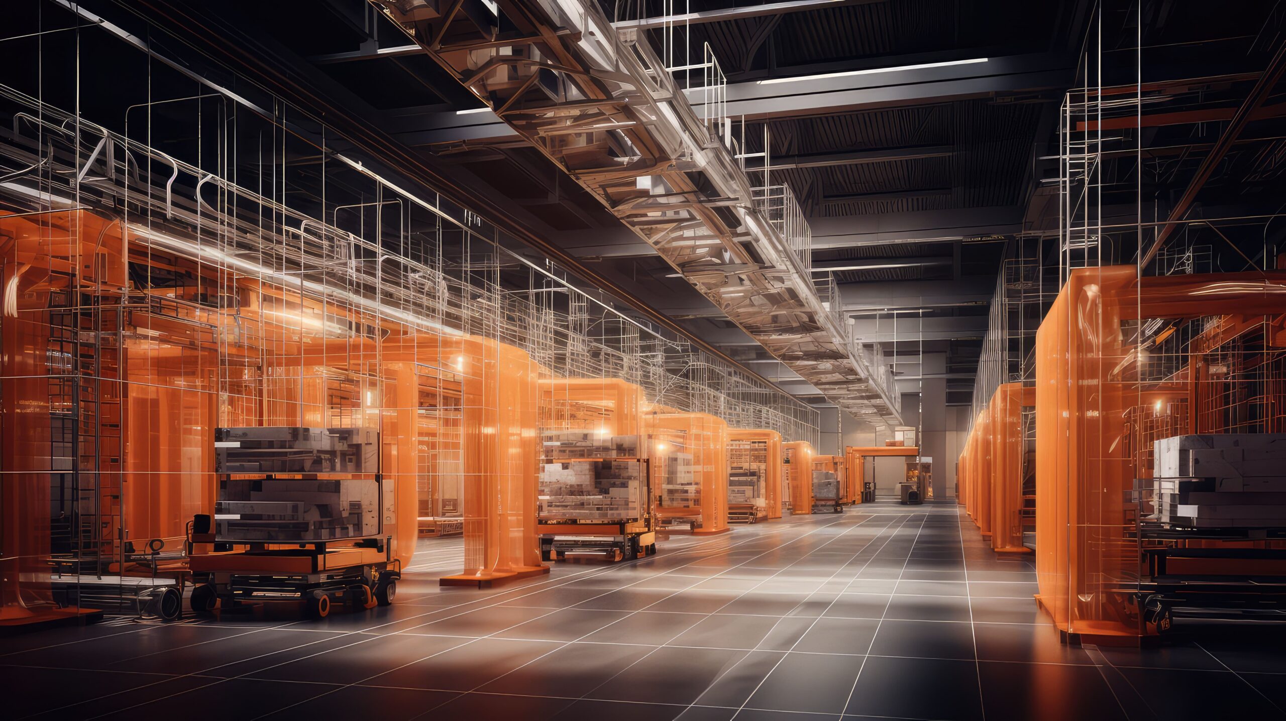 Moderne Fabrikhalle mit orangefarbenen Maschinen und Robotern.